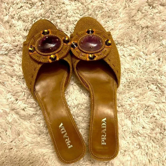 PRADA Calzature Donna Canvas Stone Embelished Wedge  Sandals size 37.5 /7 - Picture 1 of 7